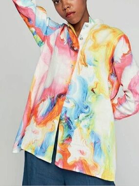 Luukaa Linen Swirl Print Shirt Oversized Button Up Tie Dye Size 12
